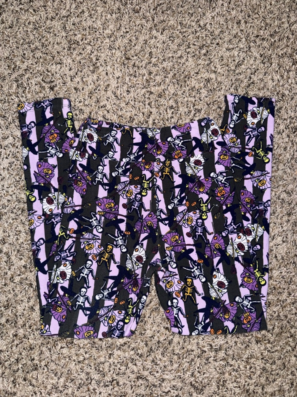 LuLaRoe Purple Black Skeleton & Pumpkin Print Leggings - TWEEN
